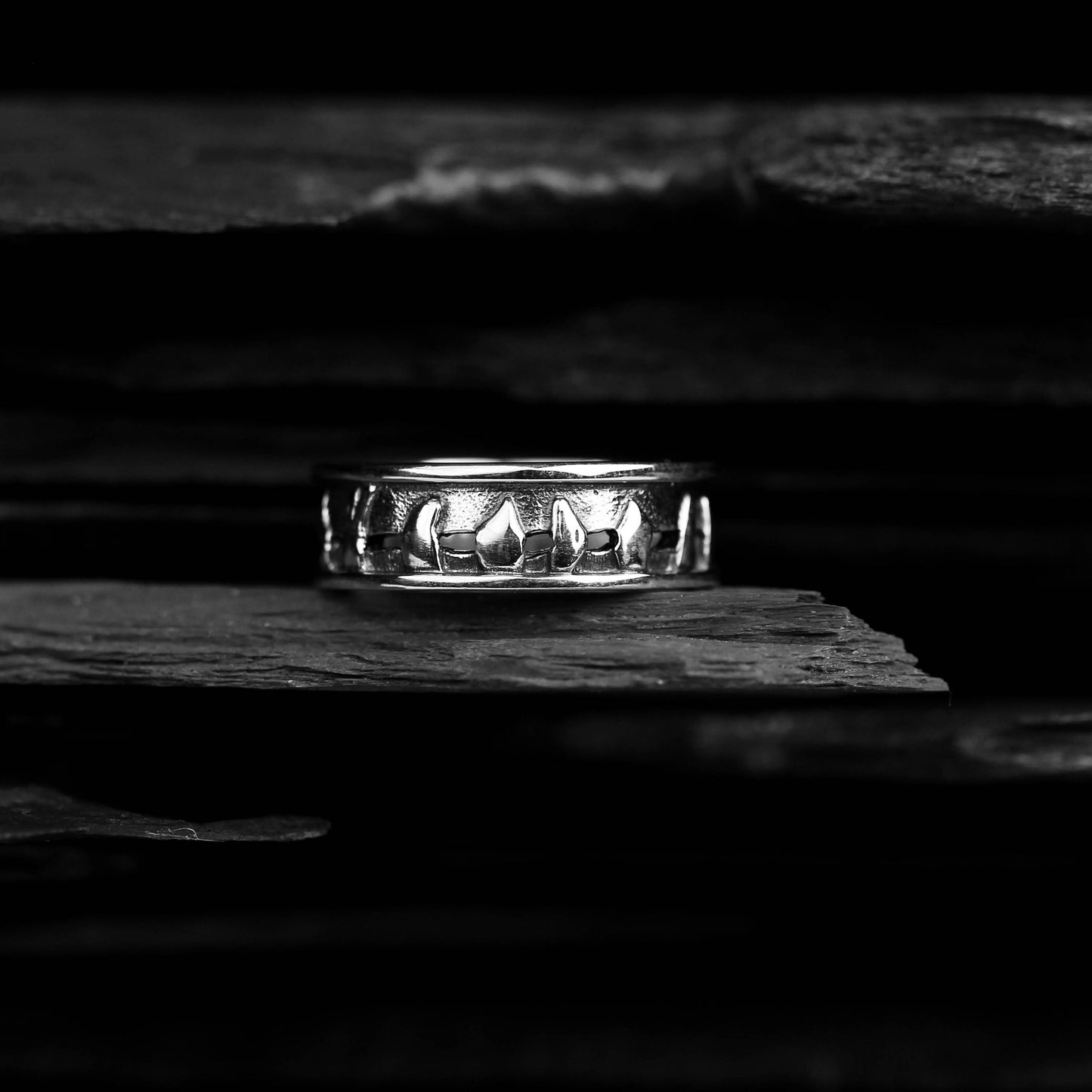 Ring of Brodgar Silver Wide 16041-2 - Displayed on Slate, Aurora Orkney Jewellery, Orkney, Scotland
