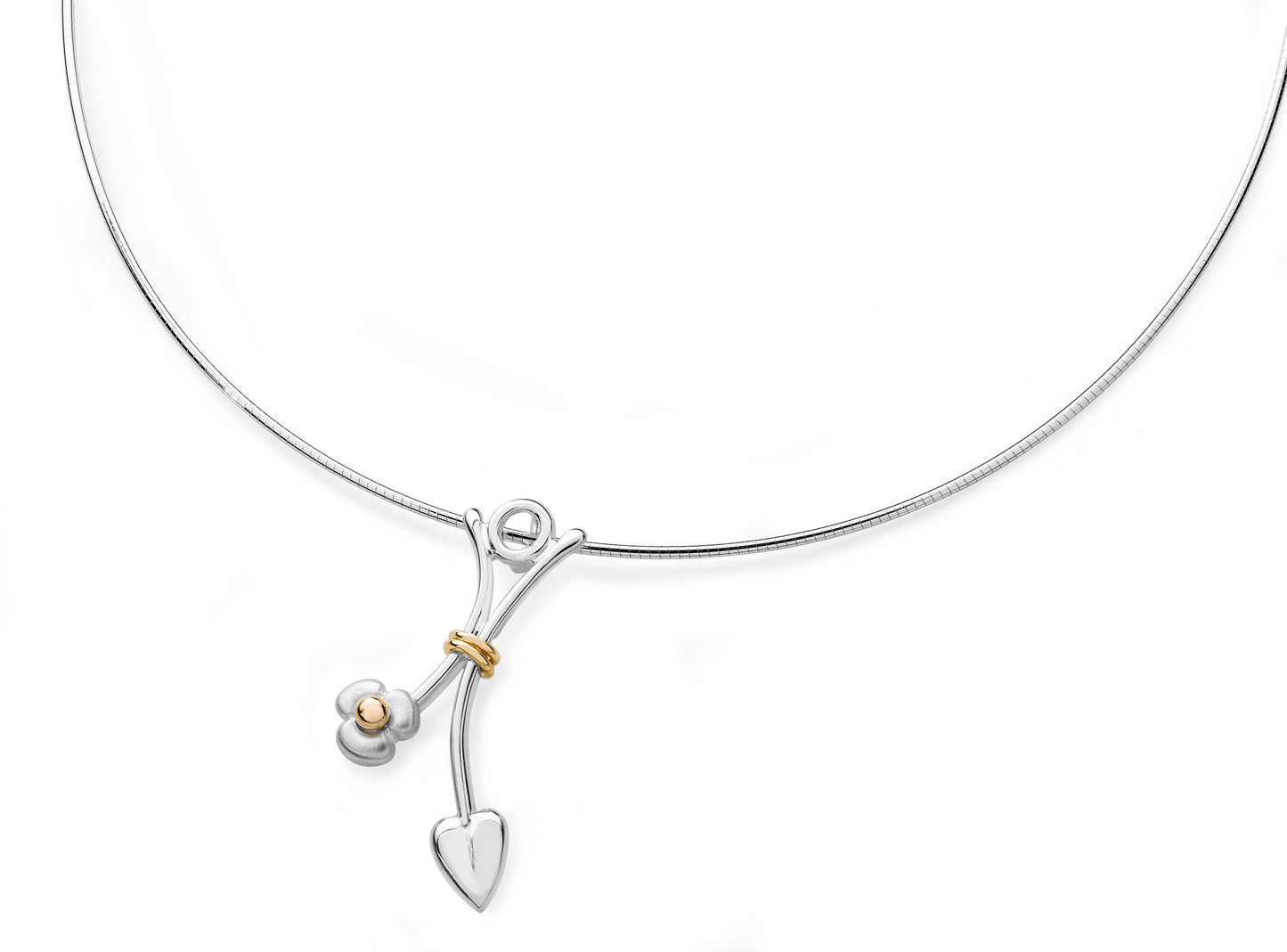 Silver with gold detail necklet with tormentil-like flower An original design by Orcadian Teresa Shearer, for Aurora Jewellery Orkney, Scotland