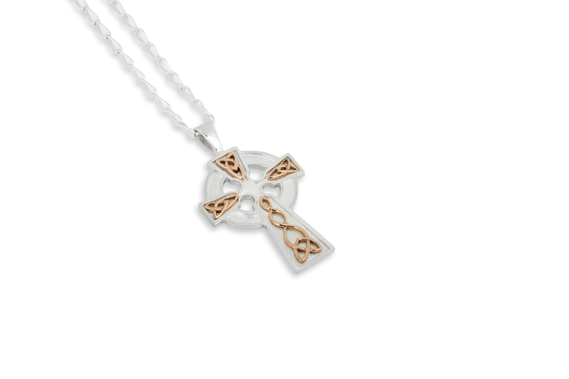 Celtic Cross in Silver, with Rose Gold Detail on a silver chain, by Steven Cooper at Aurora Jewellery, Orkney, Scotland