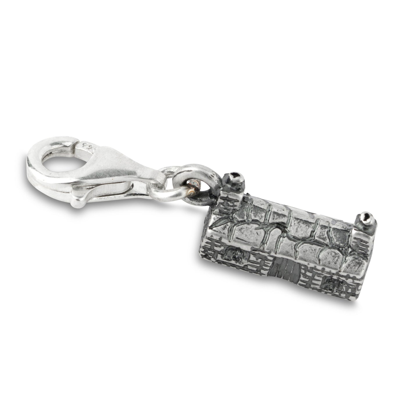 Silver charm with lobster clasp fitting shaped like a cottage on a white background