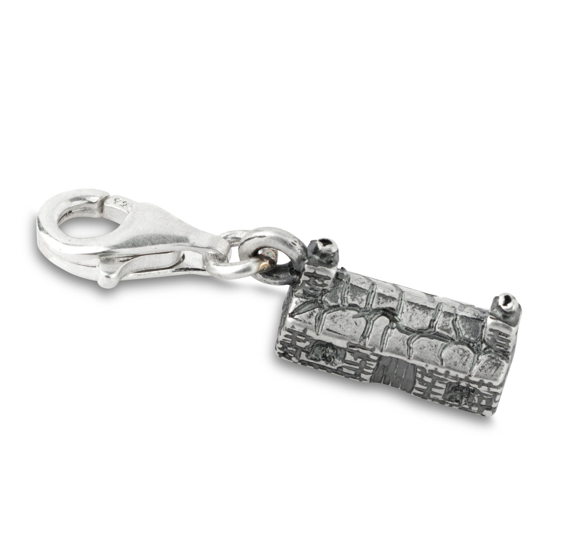 Silver charm with lobster clasp fitting shaped like a cottage on a white background