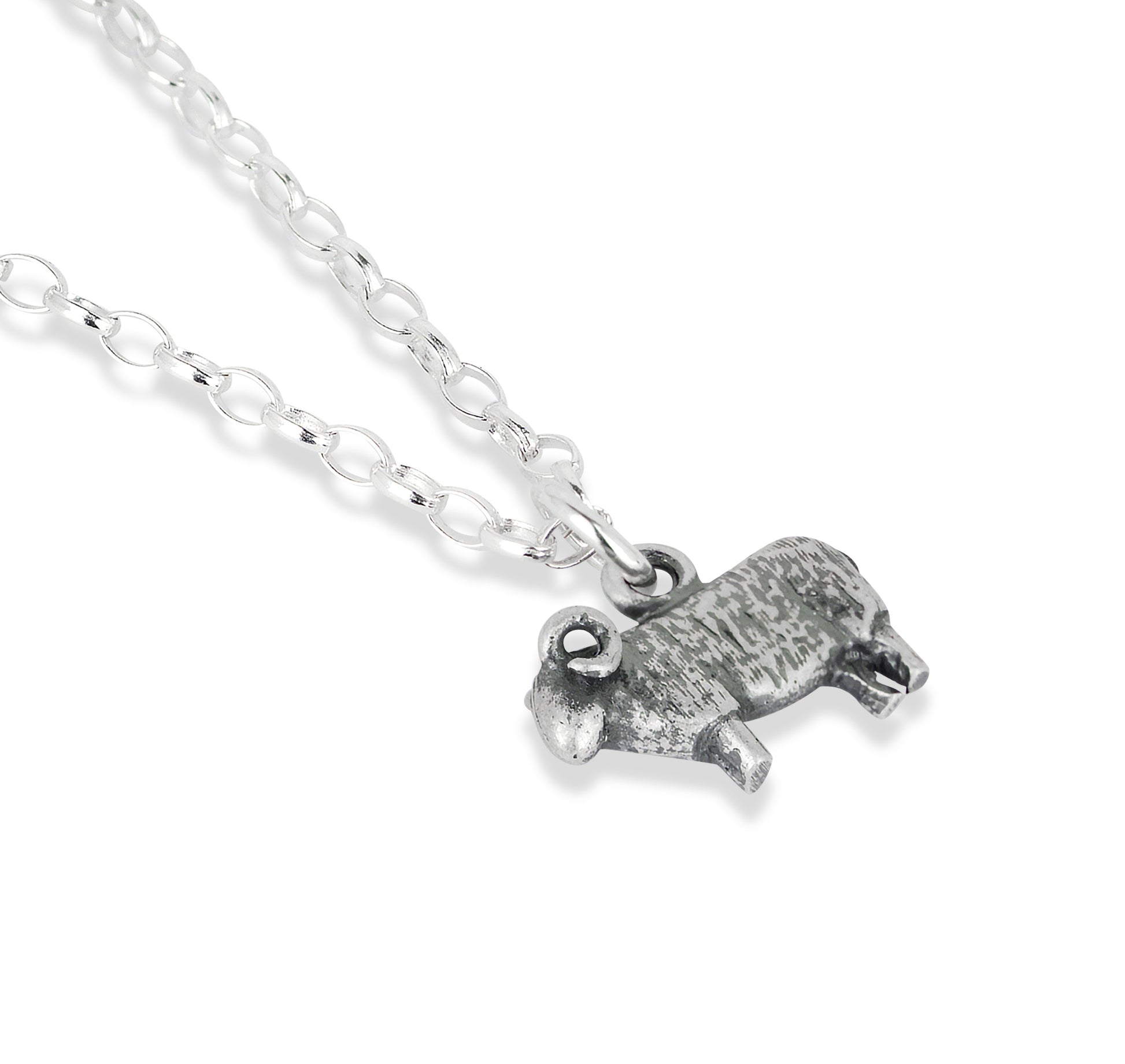 Silver sheep-shaped pendant on a chain against a white background