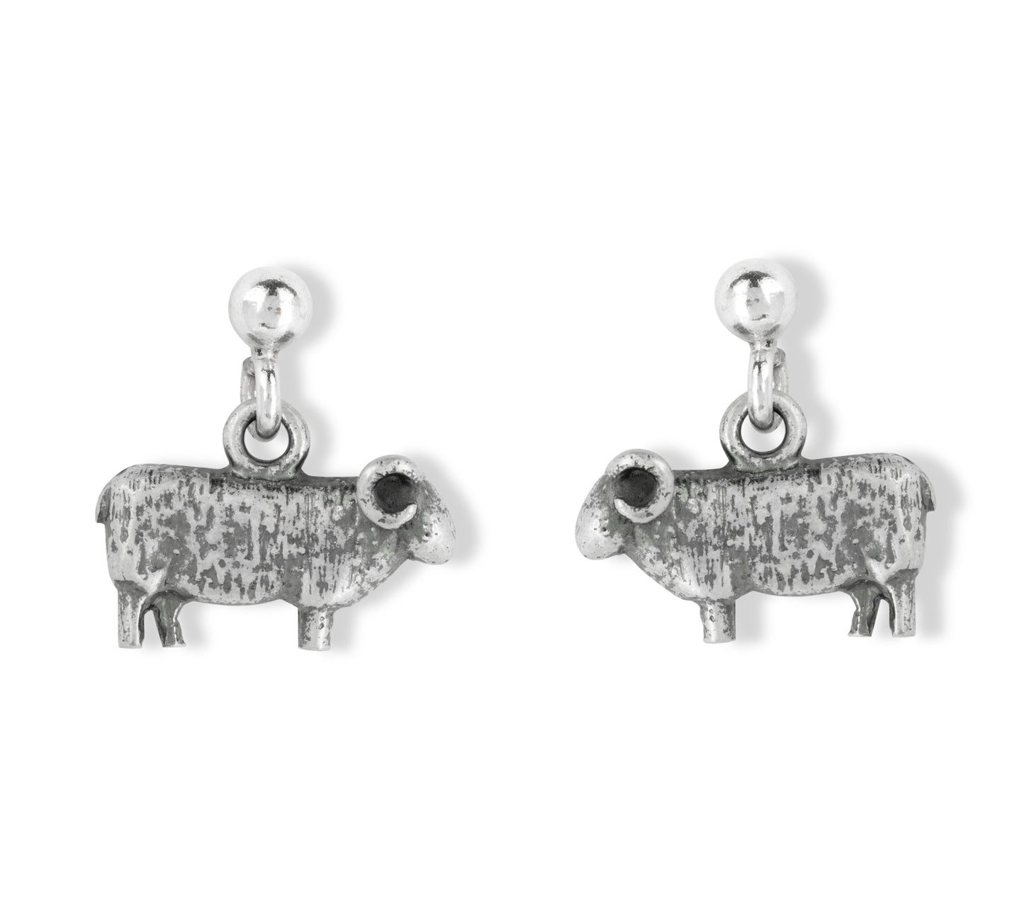 Pair of silver sheep-shaped earrings on a white background