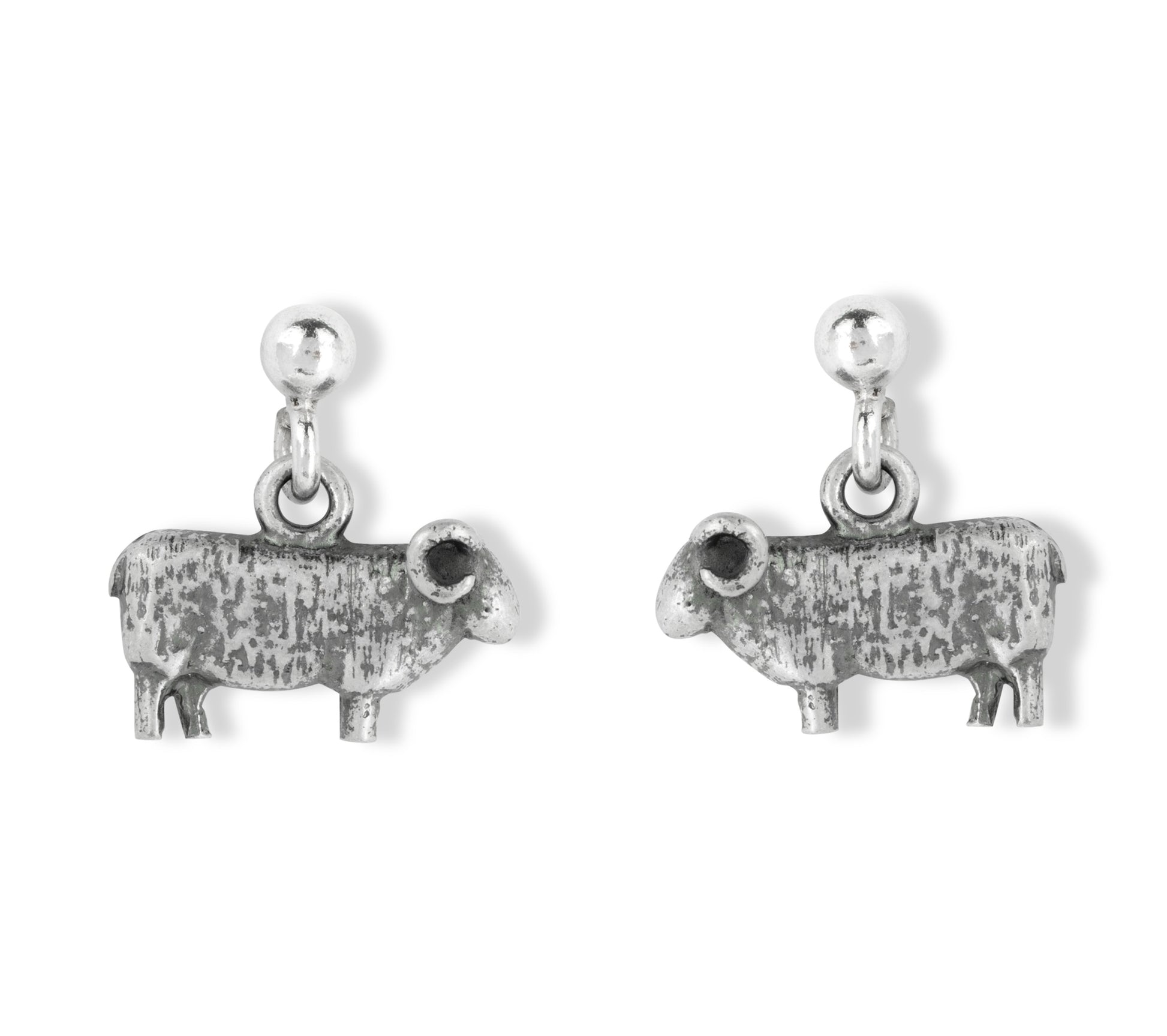 Pair of silver sheep-shaped earrings on a white background