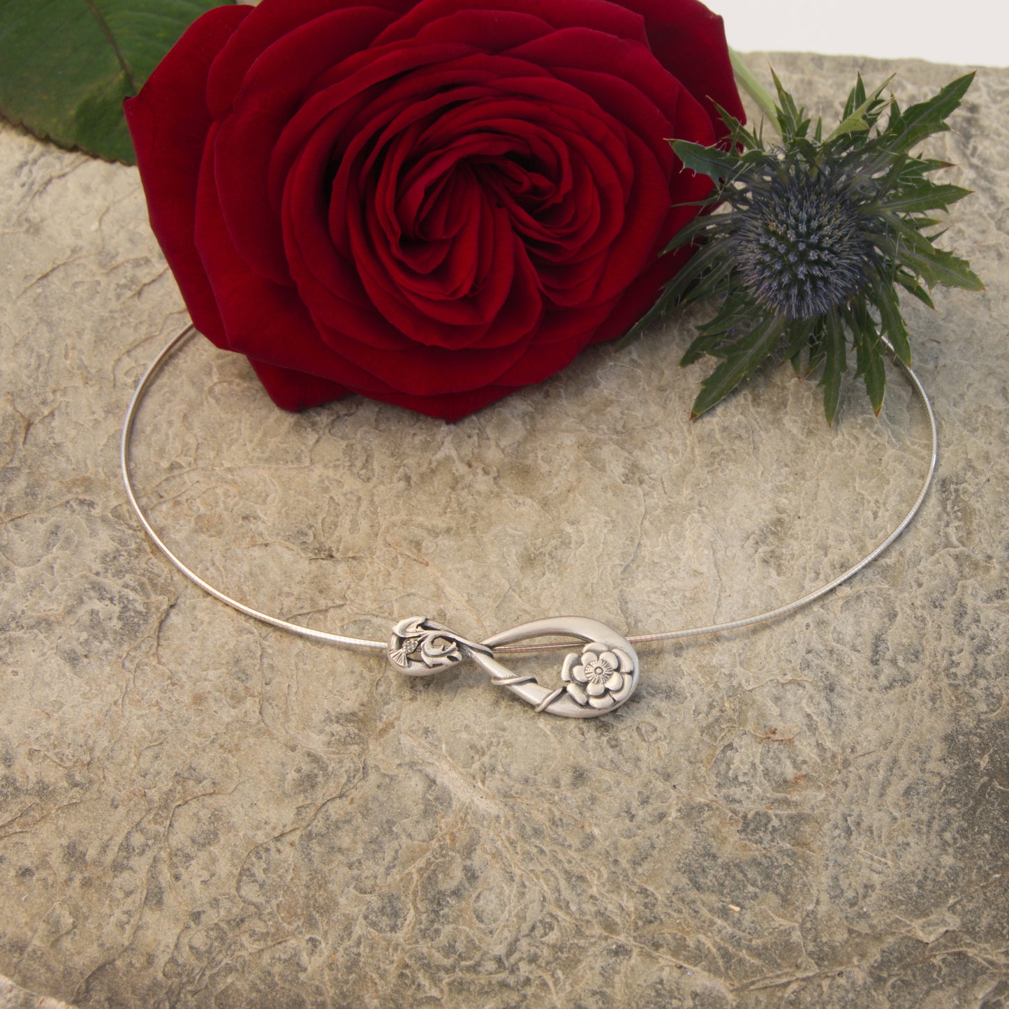 Outlander Eternally Yours Jewellery Collection with rose and thistle on slate, made by Aurora Jewellery Scotland