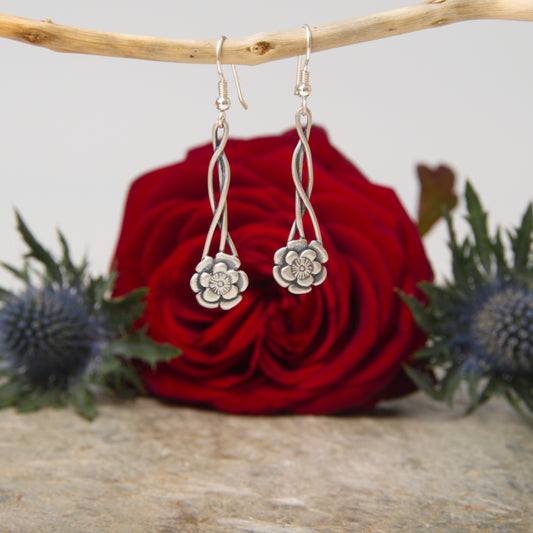 Outlander Eternally Yours Collection drop earrings with thistle and rose background by Aurora Jewellery Orkney