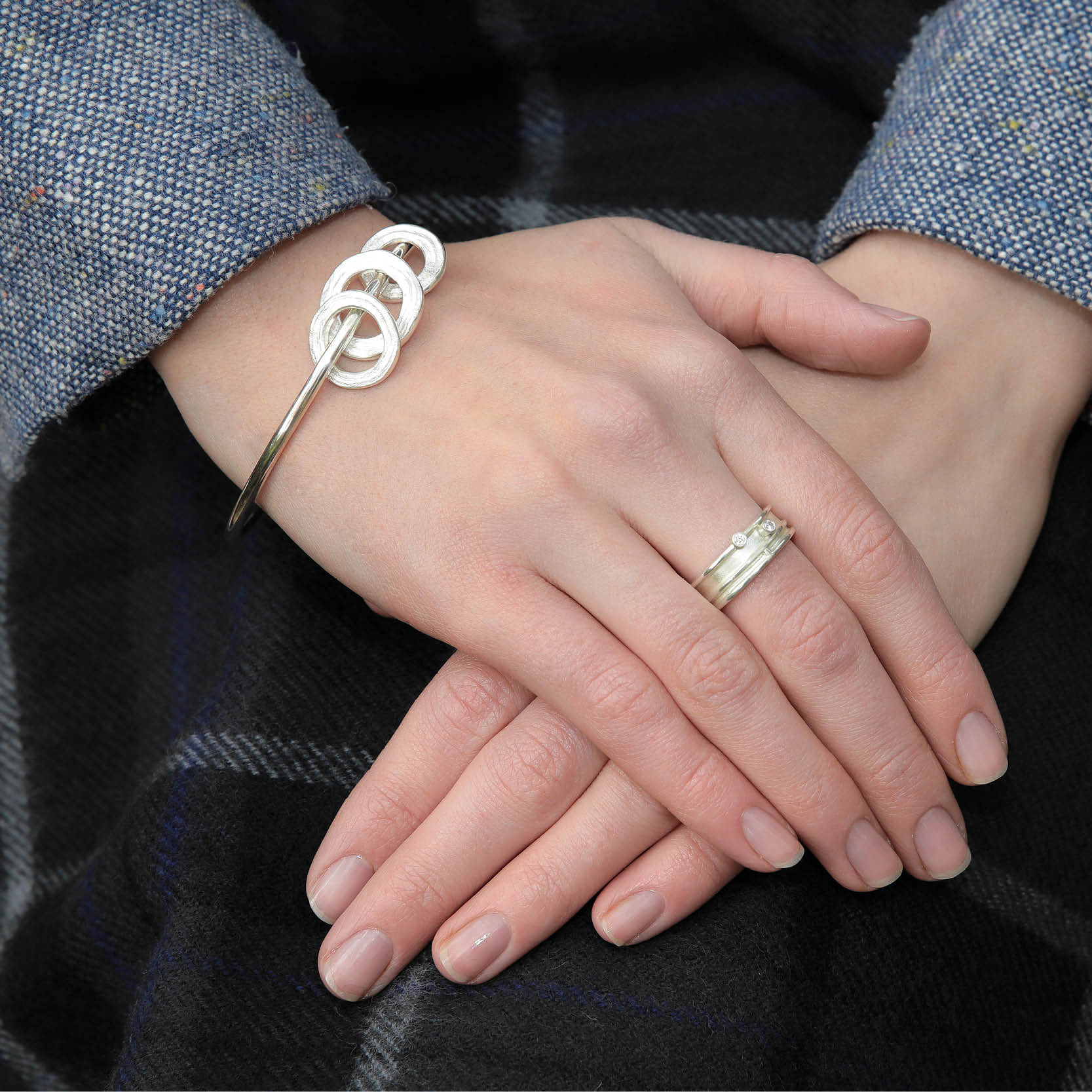 Fea Ring with Diamonds Silver 16059-1 - Modelled on finger, Aurora Orkney Jewellery, Orkney, Scotland