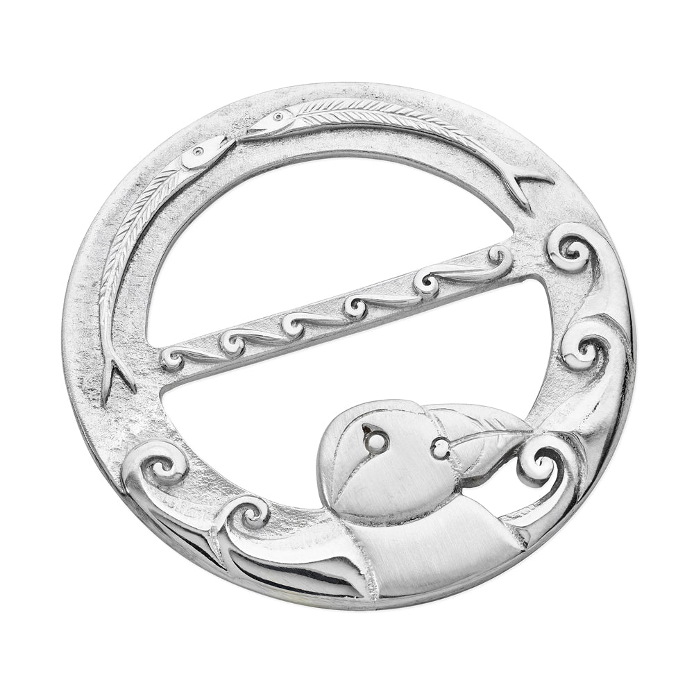 Silver brooch - puffin design with waves