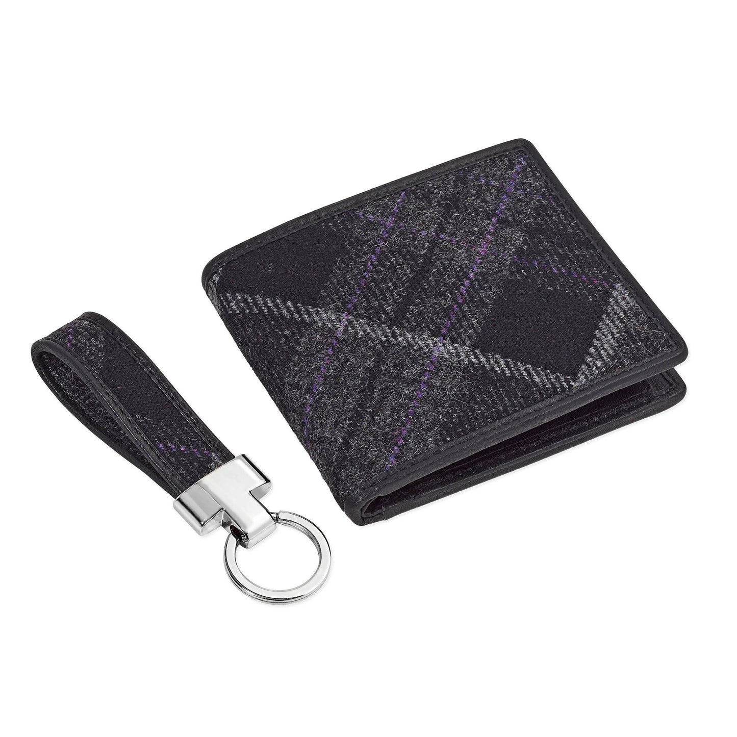Slate Tweed and Black Leather Keyring & Wallet Set