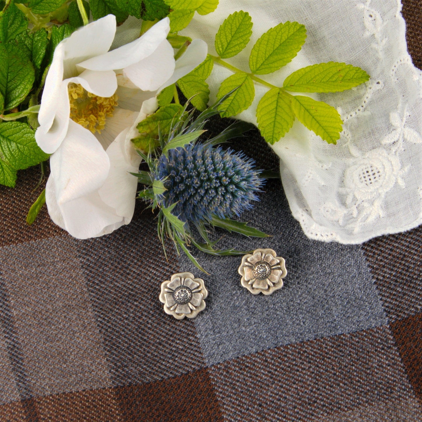Outlander Rose Coin Collection stud earrings on a tartan background with rose, made by Aurora Jewellery, Orkney, Scotland