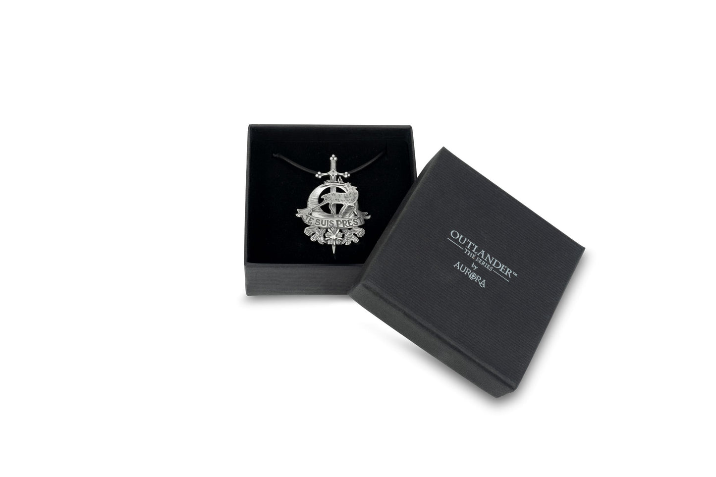 Je Suis Prest Pendant, in Silver with leather tie Clan Fraser Motto, Official Outlander Merchandise