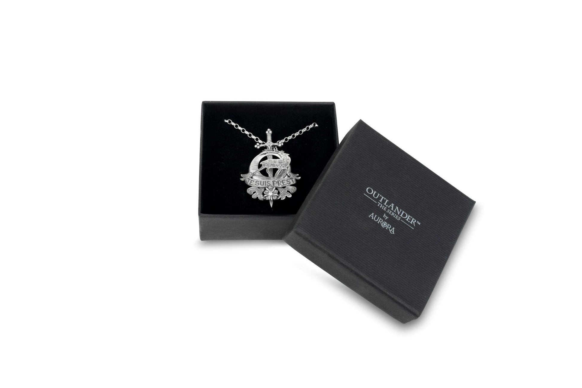 Je Suis Prest Pendant, in Silver with Silver chain, Clan Fraser Motto, Official Outlander Merchandise