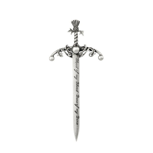 Silver dagger kilt pin with 'Blood of my blood, bone of my bone' engraved down the blade of the sword. Hilt of word is in the shape of a thistle. 