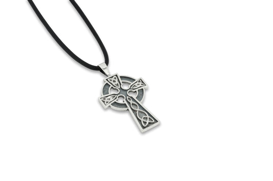 Celtic Cross pendant  in Silver blackened and on a leather tie, designed by Steven Cooper of Aurora Jewellery, Orkney, Scotland 